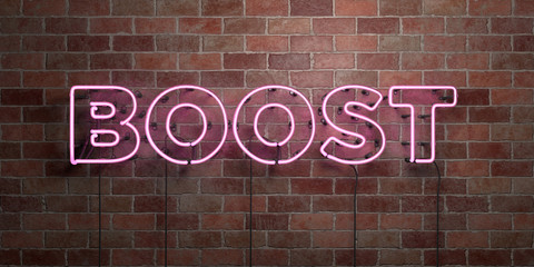 BOOST - fluorescent Neon tube Sign on brickwork - Front view - 3D rendered royalty free stock picture. Can be used for online banner ads and direct mailers..