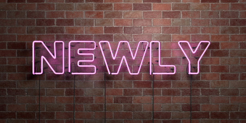 NEWLY - fluorescent Neon tube Sign on brickwork - Front view - 3D rendered royalty free stock picture. Can be used for online banner ads and direct mailers..