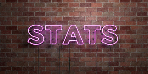 STATS - fluorescent Neon tube Sign on brickwork - Front view - 3D rendered royalty free stock picture. Can be used for online banner ads and direct mailers..