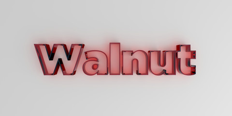 Walnut - Red glass text on white background - 3D rendered royalty free stock image.