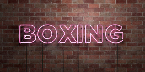 BOXING - fluorescent Neon tube Sign on brickwork - Front view - 3D rendered royalty free stock picture. Can be used for online banner ads and direct mailers..