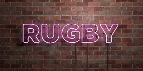 RUGBY - fluorescent Neon tube Sign on brickwork - Front view - 3D rendered royalty free stock picture. Can be used for online banner ads and direct mailers..