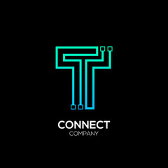 Letter T logotype blue and green color,Technology and digital abstract dot connection vector logo