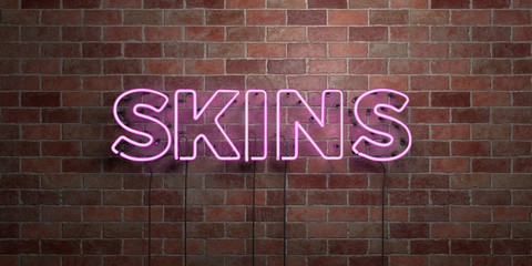 SKINS - fluorescent Neon tube Sign on brickwork - Front view - 3D rendered royalty free stock picture. Can be used for online banner ads and direct mailers..