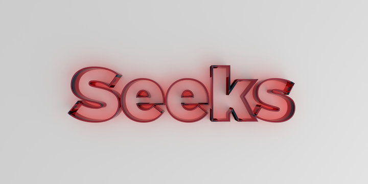 Seeks - Red glass text on white background - 3D rendered royalty free stock image.