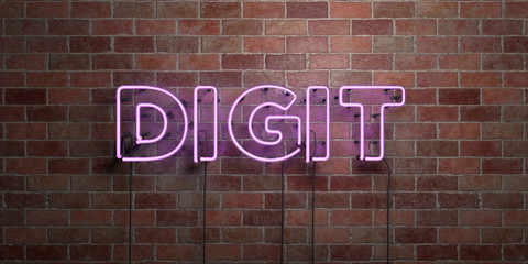 DIGIT - fluorescent Neon tube Sign on brickwork - Front view - 3D rendered royalty free stock picture. Can be used for online banner ads and direct mailers..