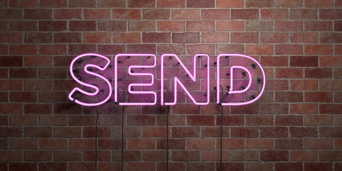 SEND - fluorescent Neon tube Sign on brickwork - Front view - 3D rendered royalty free stock picture. Can be used for online banner ads and direct mailers..