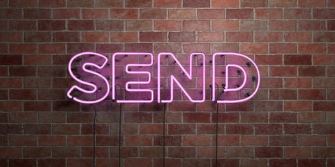 Obraz premium SEND - fluorescent Neon tube Sign on brickwork - Front view - 3D rendered royalty free stock picture. Can be used for online banner ads and direct mailers..