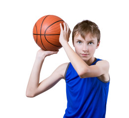 Teenager playing with a basketball. Isolated on white background