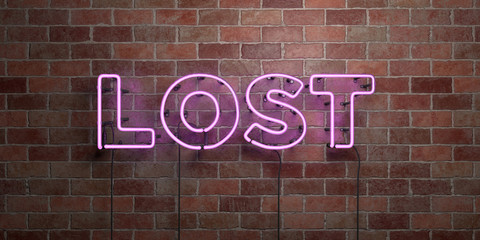 LOST - fluorescent Neon tube Sign on brickwork - Front view - 3D rendered royalty free stock picture. Can be used for online banner ads and direct mailers..