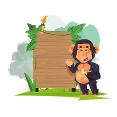 smart monkey presenting over wood board with jungle background - vector