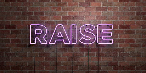 RAISE - fluorescent Neon tube Sign on brickwork - Front view - 3D rendered royalty free stock picture. Can be used for online banner ads and direct mailers..