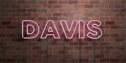 DAVIS - fluorescent Neon tube Sign on brickwork - Front view - 3D rendered royalty free stock picture. Can be used for online banner ads and direct mailers..