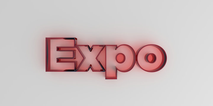 Expo - Red glass text on white background - 3D rendered royalty free stock image.