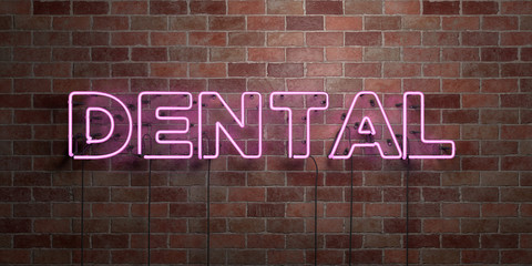 DENTAL - fluorescent Neon tube Sign on brickwork - Front view - 3D rendered royalty free stock picture. Can be used for online banner ads and direct mailers..