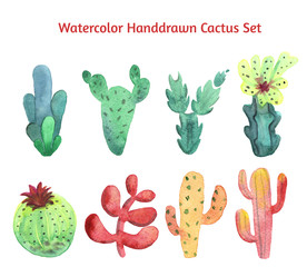 Watercolor succulent set with orange and green cactusesisolated on white