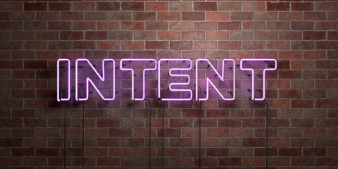 Fototapeta na wymiar INTENT - fluorescent Neon tube Sign on brickwork - Front view - 3D rendered royalty free stock picture. Can be used for online banner ads and direct mailers..