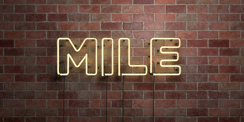 MILE - fluorescent Neon tube Sign on brickwork - Front view - 3D rendered royalty free stock picture. Can be used for online banner ads and direct mailers..
