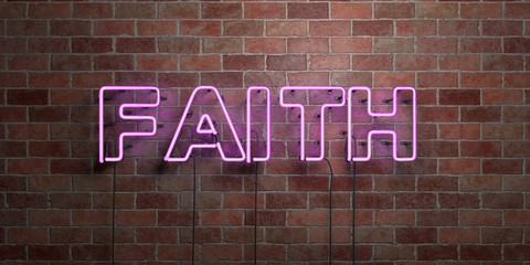 FAITH - fluorescent Neon tube Sign on brickwork - Front view - 3D rendered royalty free stock picture. Can be used for online banner ads and direct mailers..