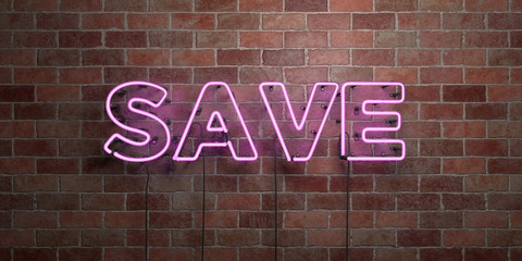 SAVE - fluorescent Neon tube Sign on brickwork - Front view - 3D rendered royalty free stock picture. Can be used for online banner ads and direct mailers..