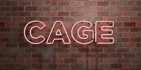 CAGE - fluorescent Neon tube Sign on brickwork - Front view - 3D rendered royalty free stock picture. Can be used for online banner ads and direct mailers..