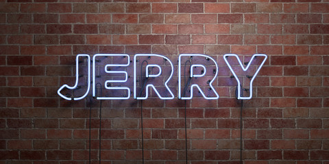 JERRY - fluorescent Neon tube Sign on brickwork - Front view - 3D rendered royalty free stock picture. Can be used for online banner ads and direct mailers..