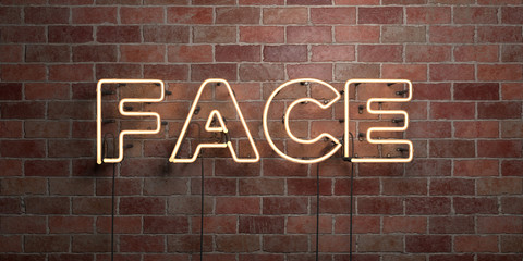 FACE - fluorescent Neon tube Sign on brickwork - Front view - 3D rendered royalty free stock picture. Can be used for online banner ads and direct mailers..
