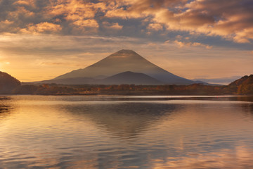 Mount Fuji and Lake Shoji in Japan at sunrise