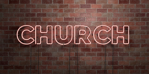 CHURCH - fluorescent Neon tube Sign on brickwork - Front view - 3D rendered royalty free stock picture. Can be used for online banner ads and direct mailers..