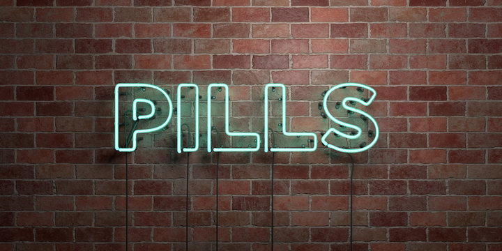 PILLS - fluorescent Neon tube Sign on brickwork - Front view - 3D rendered royalty free stock picture. Can be used for online banner ads and direct mailers..