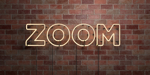 Fototapeta na wymiar ZOOM - fluorescent Neon tube Sign on brickwork - Front view - 3D rendered royalty free stock picture. Can be used for online banner ads and direct mailers..