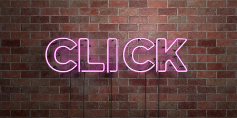CLICK - fluorescent Neon tube Sign on brickwork - Front view - 3D rendered royalty free stock picture. Can be used for online banner ads and direct mailers..