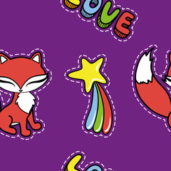 Seamless pattern with cute fox and other stickers isolated on violet background.