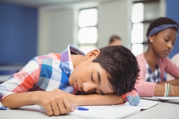Tired schoolboy sleeping in classroom