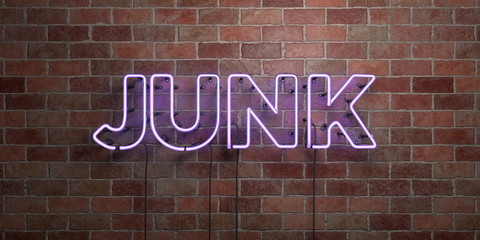 JUNK - fluorescent Neon tube Sign on brickwork - Front view - 3D rendered royalty free stock picture. Can be used for online banner ads and direct mailers..