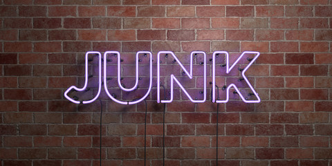 Obraz premium JUNK - fluorescent Neon tube Sign on brickwork - Front view - 3D rendered royalty free stock picture. Can be used for online banner ads and direct mailers..
