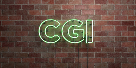 CGI - fluorescent Neon tube Sign on brickwork - Front view - 3D rendered royalty free stock picture. Can be used for online banner ads and direct mailers..