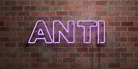 ANTI - fluorescent Neon tube Sign on brickwork - Front view - 3D rendered royalty free stock picture. Can be used for online banner ads and direct mailers..
