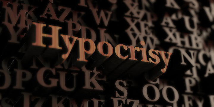 Hypocrisy - Wooden 3D rendered letters/message.  Can be used for an online banner ad or a print postcard.