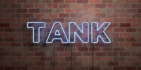 TANK - fluorescent Neon tube Sign on brickwork - Front view - 3D rendered royalty free stock picture. Can be used for online banner ads and direct mailers..