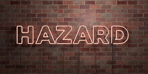 HAZARD - fluorescent Neon tube Sign on brickwork - Front view - 3D rendered royalty free stock picture. Can be used for online banner ads and direct mailers..