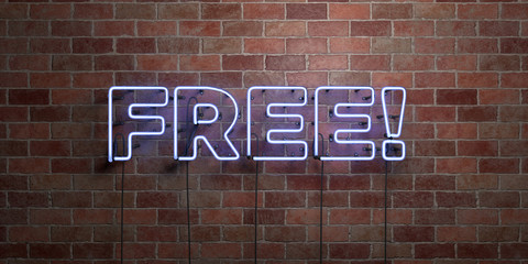 FREE! - fluorescent Neon tube Sign on brickwork - Front view - 3D rendered royalty free stock picture. Can be used for online banner ads and direct mailers..