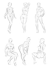 Vector illustration of stylized figures standing naked women. Outline poses female figure