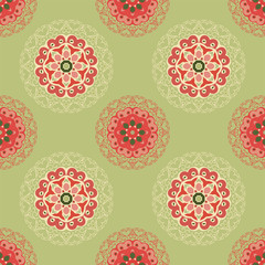 Seamless pattern with mandalas in beautiful colors. Vector background. 