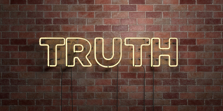 TRUTH - fluorescent Neon tube Sign on brickwork - Front view - 3D rendered royalty free stock picture. Can be used for online banner ads and direct mailers..