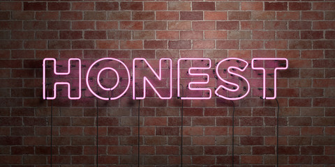 HONEST - fluorescent Neon tube Sign on brickwork - Front view - 3D rendered royalty free stock picture. Can be used for online banner ads and direct mailers..