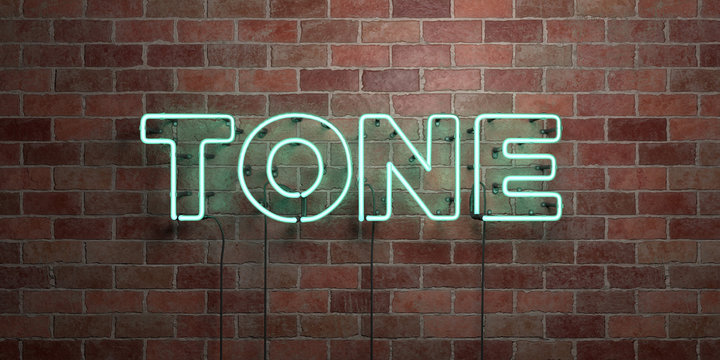 TONE - fluorescent Neon tube Sign on brickwork - Front view - 3D rendered royalty free stock picture. Can be used for online banner ads and direct mailers..