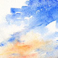 Watercolor sunset blue orange sky clouds texture background