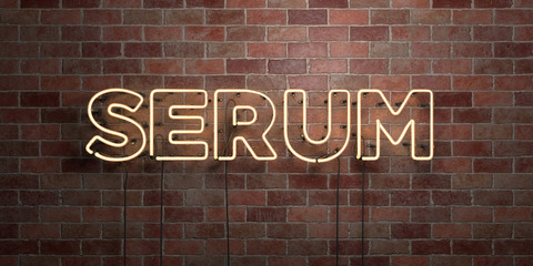 SERUM - fluorescent Neon tube Sign on brickwork - Front view - 3D rendered royalty free stock picture. Can be used for online banner ads and direct mailers..