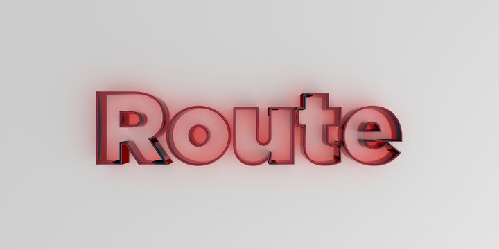 Route - Red glass text on white background - 3D rendered royalty free stock image.
